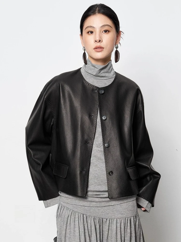 

Classic O-neck Genuine Leather Jackets Women Spring Autumn High-end Simple Vintage Short Deer Texture Real Goatskin Leather Coat