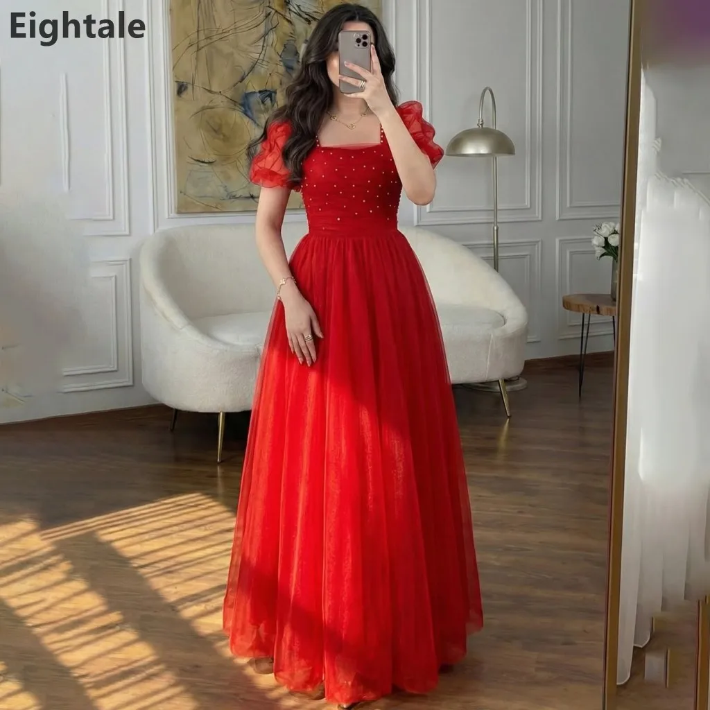 

Eightale 2026 Red Tulle Evening Dress Square Neck Short Sleeve A-Line Prom Gown Beaded Floor Length Customized Party Dress