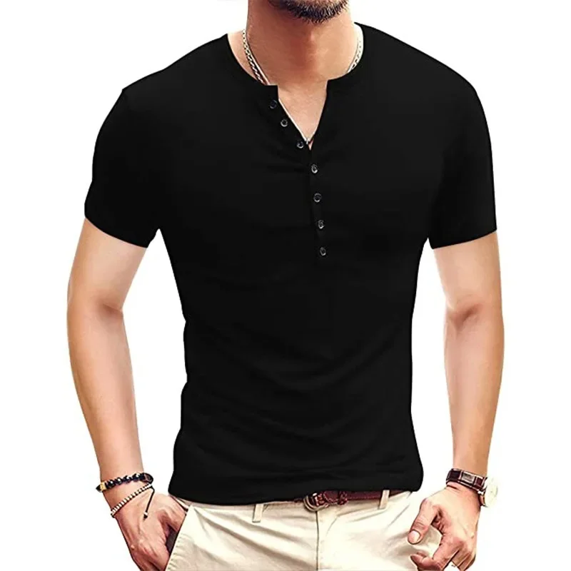 

2025 Summer Men Short Sleeve Henry Collar Tshirts New Solid Color Casual Polo Shirt Trendy Breathable Basic Splice Tops Tees