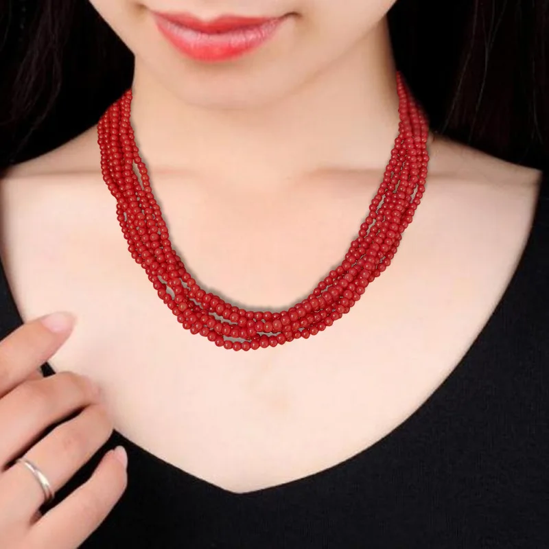 Genuine coral loose bead necklace 925 silver live buckle high-end atmosphere natal year 7-layer red fire auspicious Italian tide