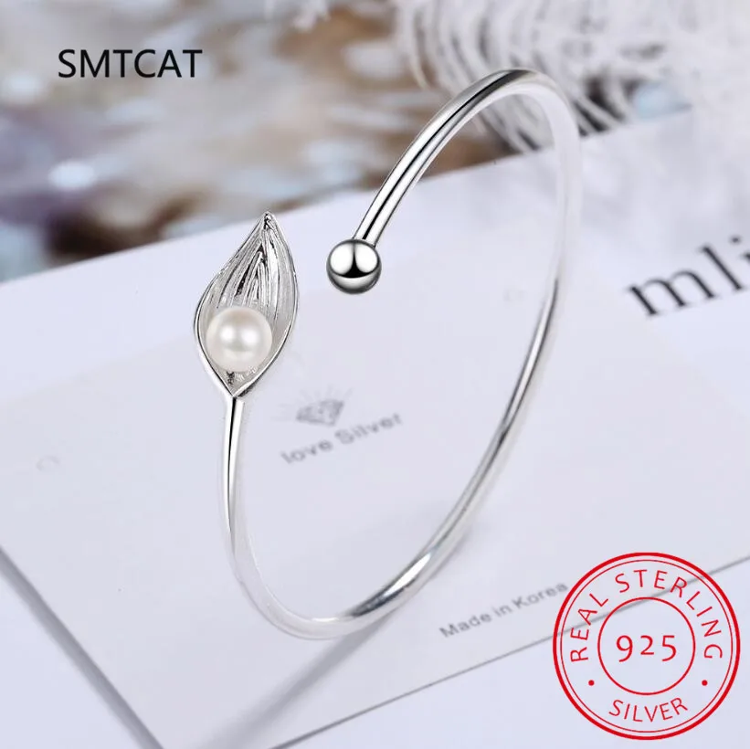 Vintage 925 Sterling Silver Leaves Cuff Resizable Bracelet Bangles Women AAA Zircon Pearl Jewelry Fashion Accessory