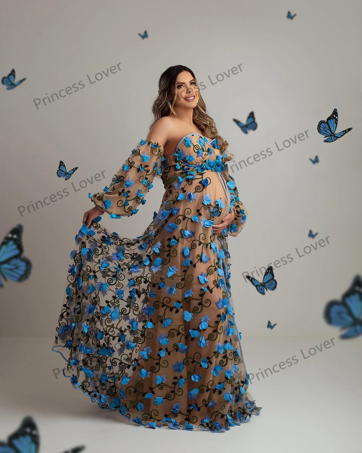 3D Floral Maternity Dresses for Photo Shoot Illusion Pregnancy Prom Dress with Detachable Sleeves Women Maxi Gown