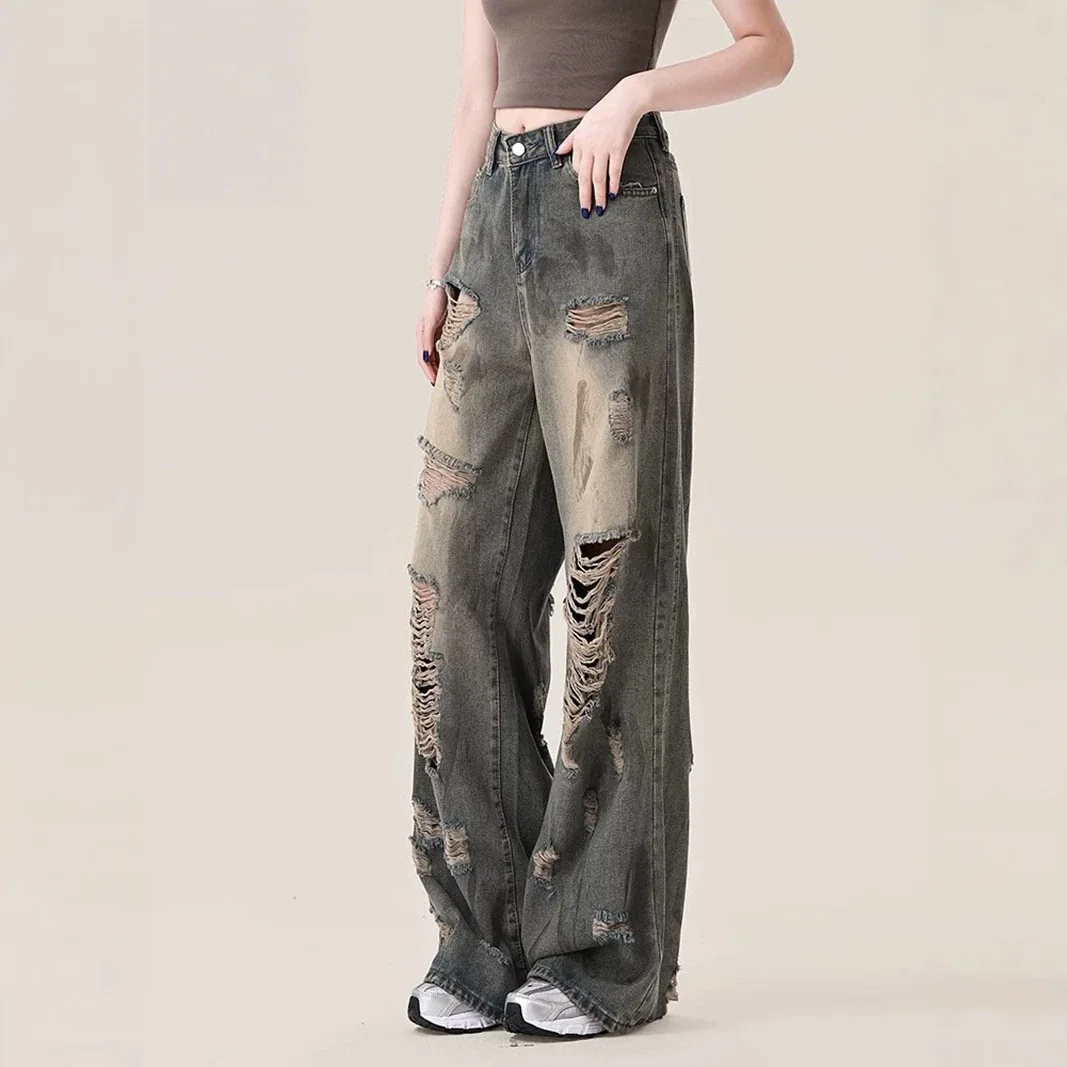 Womens Ripped Wide Leg Jeans Vintage Washed Non Stretch Loose Straight Denim Pants Floor Length Casual Streetwear Trousers