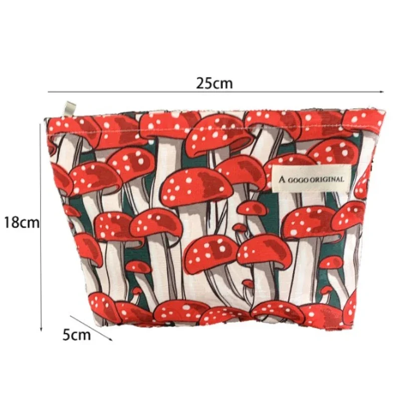 Red Mushroom Jacquard Women\'s Cosmetic Bag Large Capacity Canvas Zipper Design Cosmetic Storage Bag Portable Travel Toiletry Bag