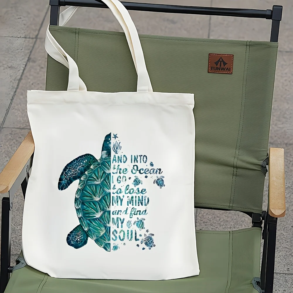A Turtle Shell Art and Inspirational Quotes printed canvas tote bag, suitable for daily use, shopping, school, and travel