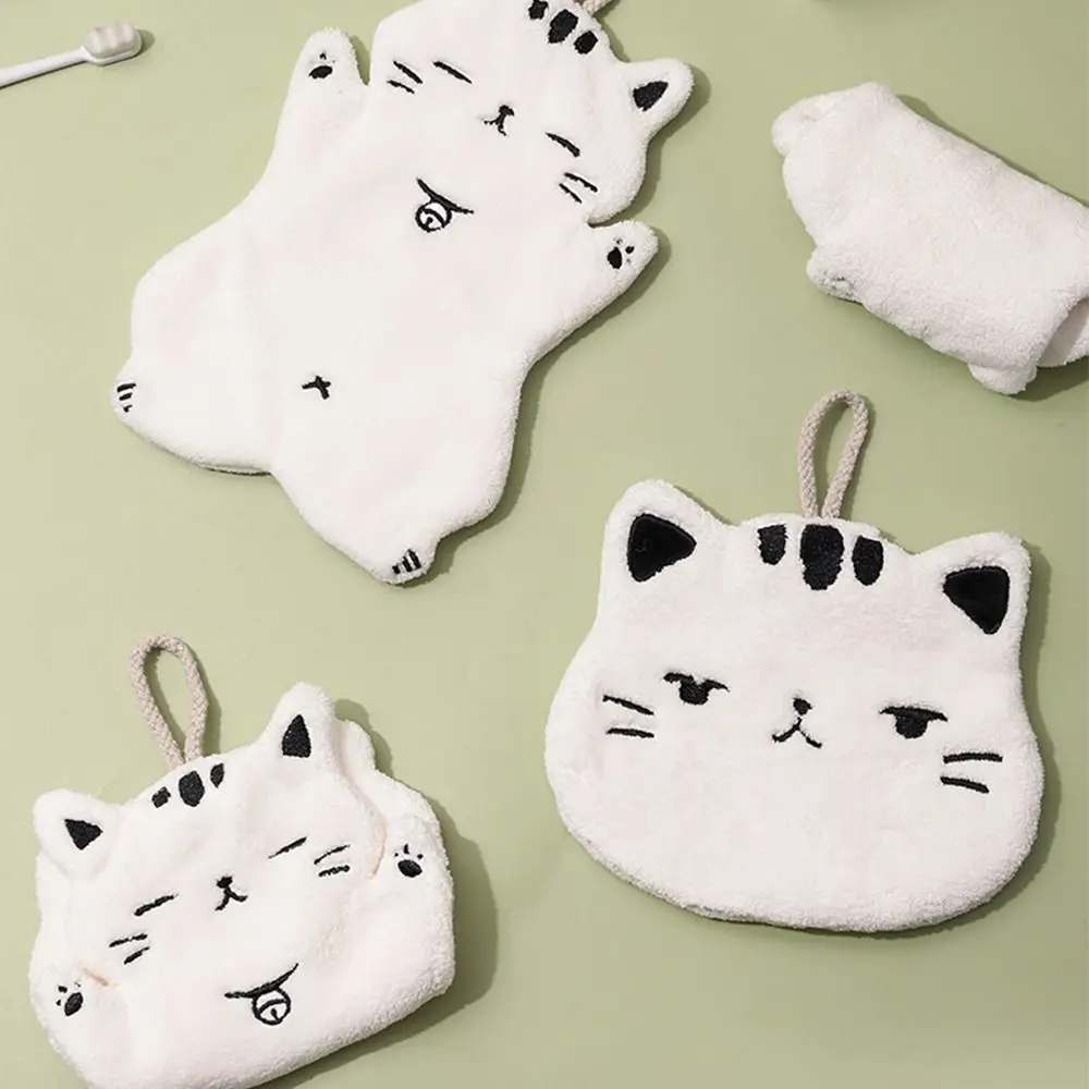 Cute Cartoon Cat Towel Coral Fleece Hanging Non-shedding Bath Towel Strong Water Absorption Small Towel for Bathroom Kitchen