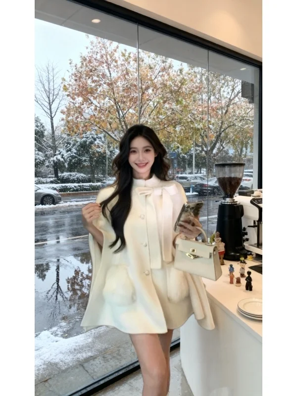 

Elegant Rich Girl Style Coat Jacket Plush Women's Fashion Bow Pocket Shawl Coat Autumn Winter New Arrival Korean Version