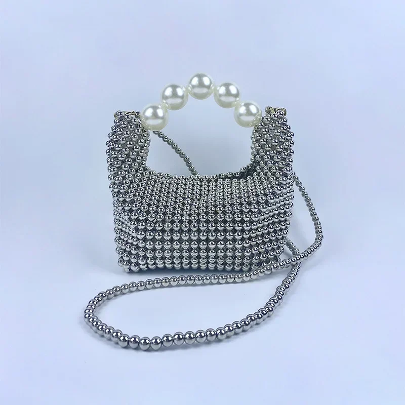 

Fashion Silver Acrylic Beaded Handbag Handmade Women's Wedding Party Evening Bag High Quality Party Clutches Hobo Shoulder Bag