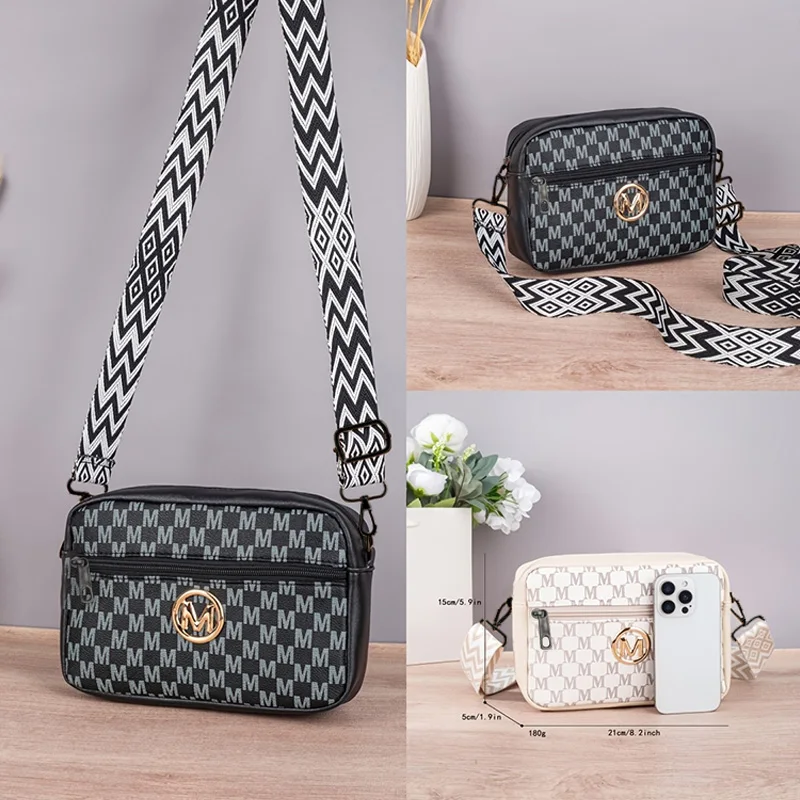 Women Crossbody Bag Vintage M Letter Print Camera Bag, Wide Adjustable Geometric Strap PU Leather Shoulder Handbag, Lightweight