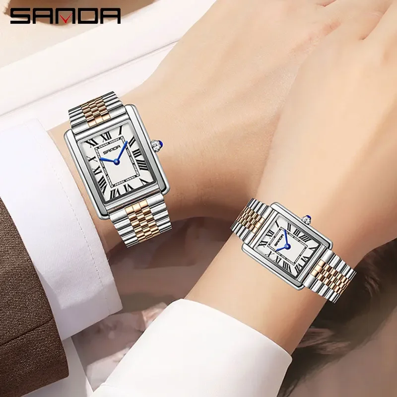 SANDA Coppia Orologio al quarzo con serbatoio Orologio da coppia alla moda impermeabile Resistente all'usura Cinturino in acciaio Quadrante quadrato Design Donna Lady Gift