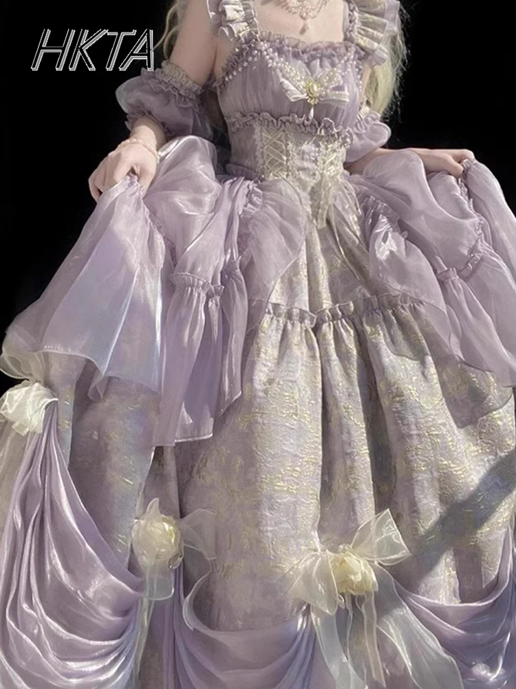 Lolita Elegant Flying Sleeve Shoulder Purple Birthday Evening Dress Women Summer New Gorgeous Student Day Princess Long Dress\