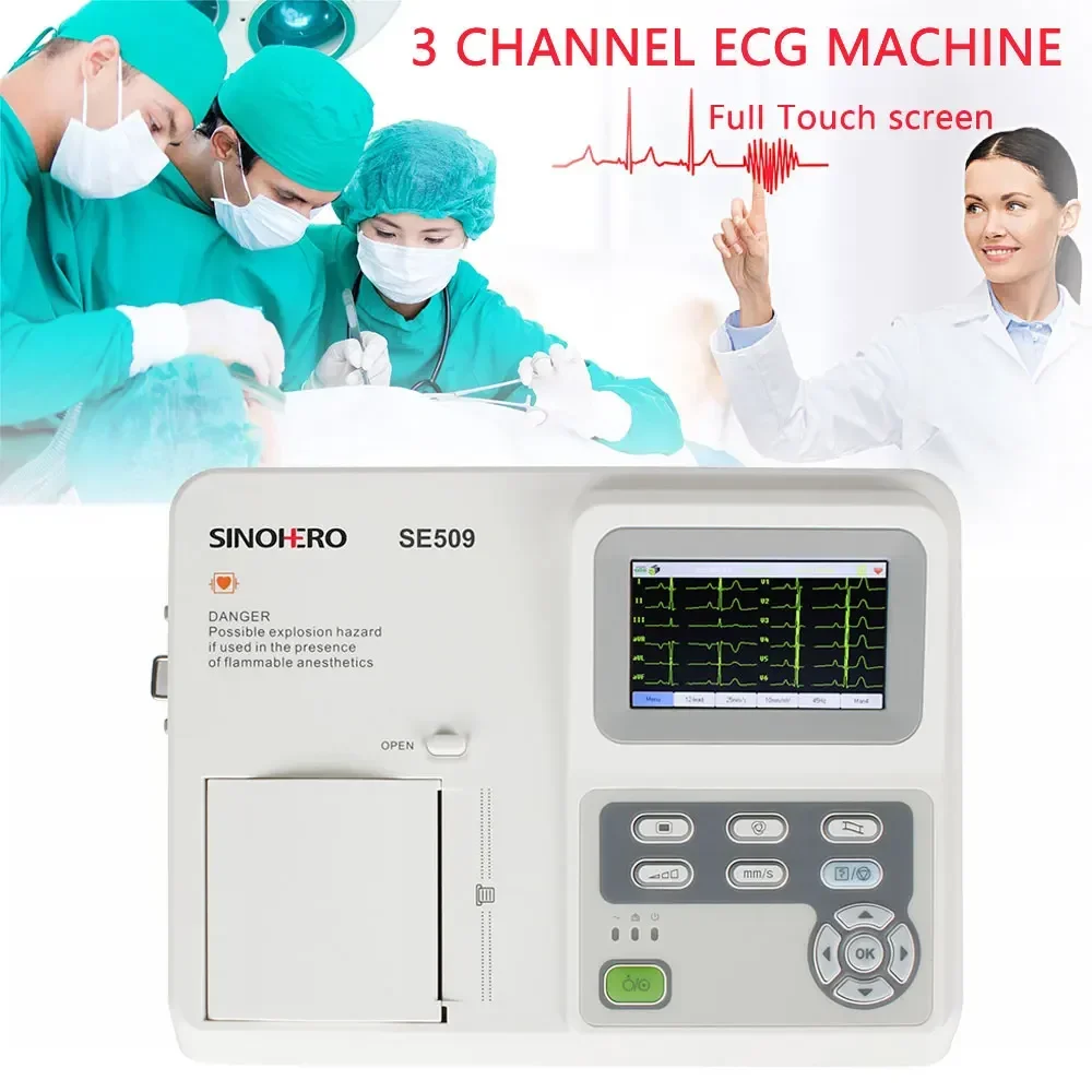 

3 Channel Electrocardiograph 12 Leads ECG Machine 4.3" Full Touch EKG Cardiac Monitor Thermal Printing SE509