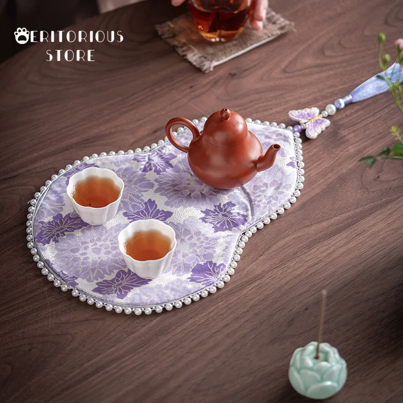 Chinese Tea Mat Beaded Brocade Gourd Handmad Dry Bubble Coaster Purple Zen Small Teapot Mat Fabric Rug Tea Ceremony Accessories