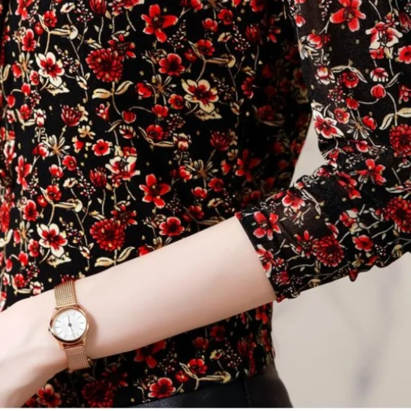 Women's Autumn and Winter New Fashion Elegant Standing Neck Pullover Print Lace Up Casual Versatile Long Sleeve Loose Shirt Tops