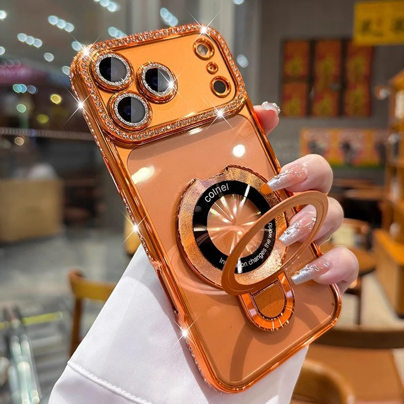 Luxury Glitter Diamond Magnetic Phone Case For iPhone 15 16 14 Plus 13 12 11 17 Pro Max Air With Holder Stand For Magsafe Cover