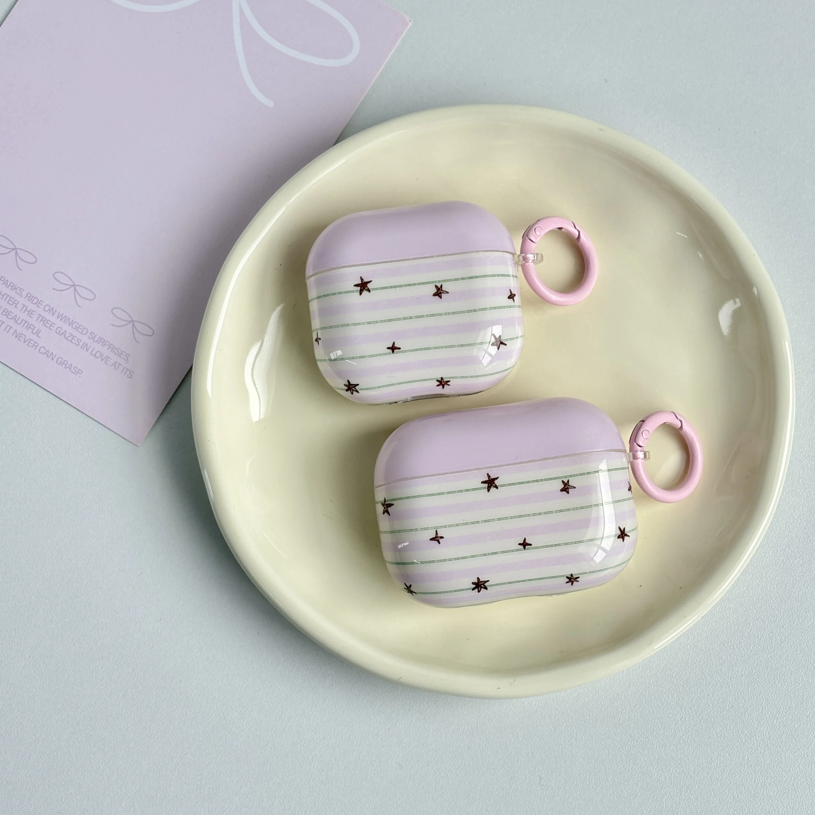 Light Purple Green Stripes Sketch Star Pattern Glossy Surface Shockproof Protective Cover Case For AirPods 1 2 3 4 5 Pro 2 Pro 3 - view 2