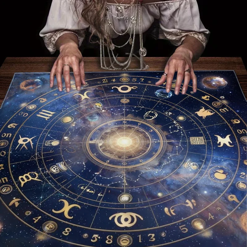 Universal Astrology Tarot Reading Tablecloth Mat Zodiac Wheel Wicca Celestial Cloth Boho Witchcraft Spiritual Decor 60x60cm