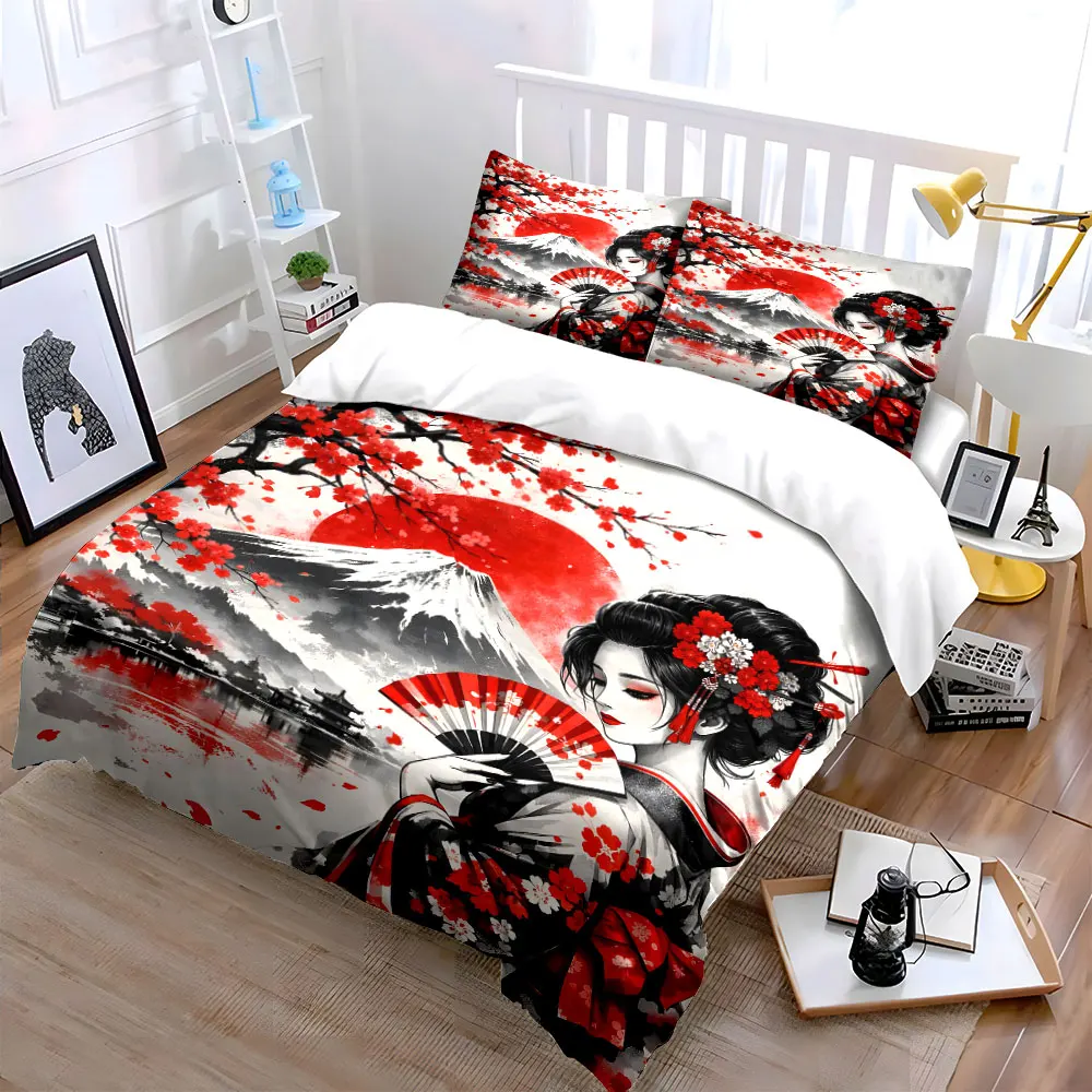 Kimono-clad woman by Mount Fuji Print Bedding Set 1 Duvet Cover 2 Pillowcases for Adult and Children Luxury Gift Full Size
