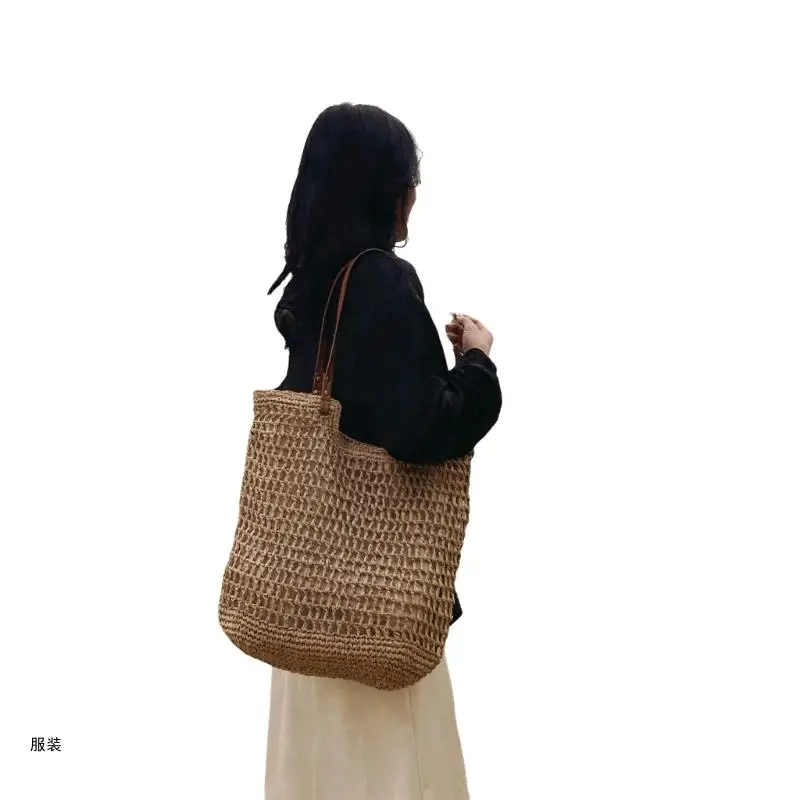 D0UD Large Capacity Handbags for Women Straw Bag Shoulder Bag Handmade Seasides Bag Female Hollows Out Beach Bag Vacation Bag