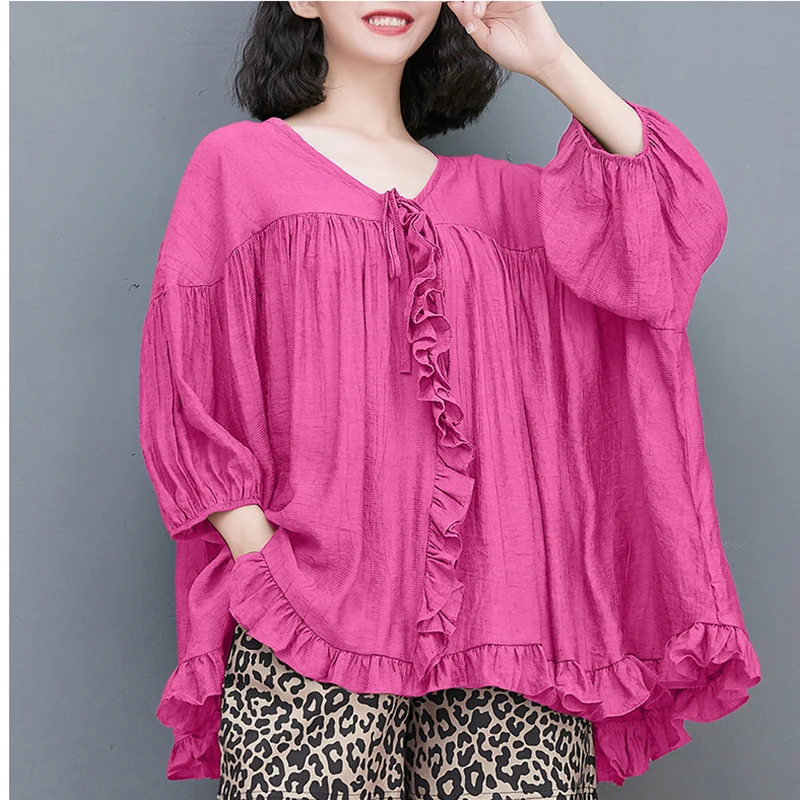 2023 Summer New Women\'s Shirt Korean Fashion Loose Casual 3/4 Sleeve Breathable Shirt Black Rose Red Green White