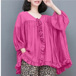 2023 Summer New Women's Shirt Korean Fashion Loose Casual 3/4 Sleeve Breathable Shirt Black Rose Red Green White