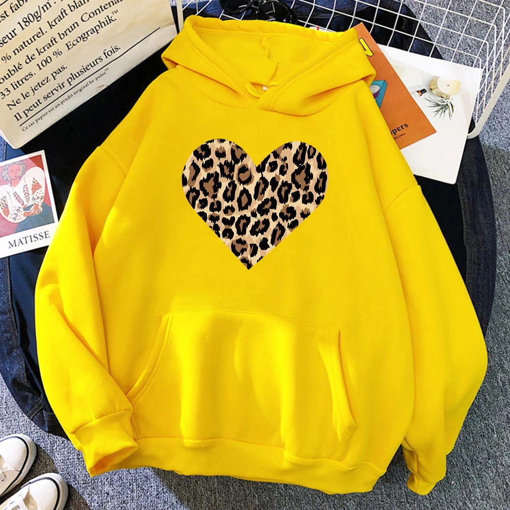 Creative Leopard Love Pattern Print Womens Hoody Loose Crewneck Hoodie Casual O-Neck Hoodies Breathable Fleece Sweatshirt Female