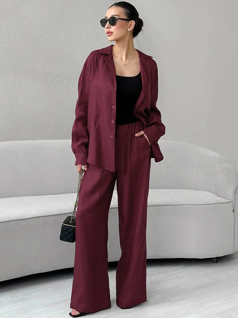 Wine Red Long Sleeve Shirts And Loose Trouser Cotton Autumn Two Piece Set Lapel Women Blouse Street Vintage Wide Led Pant Sets