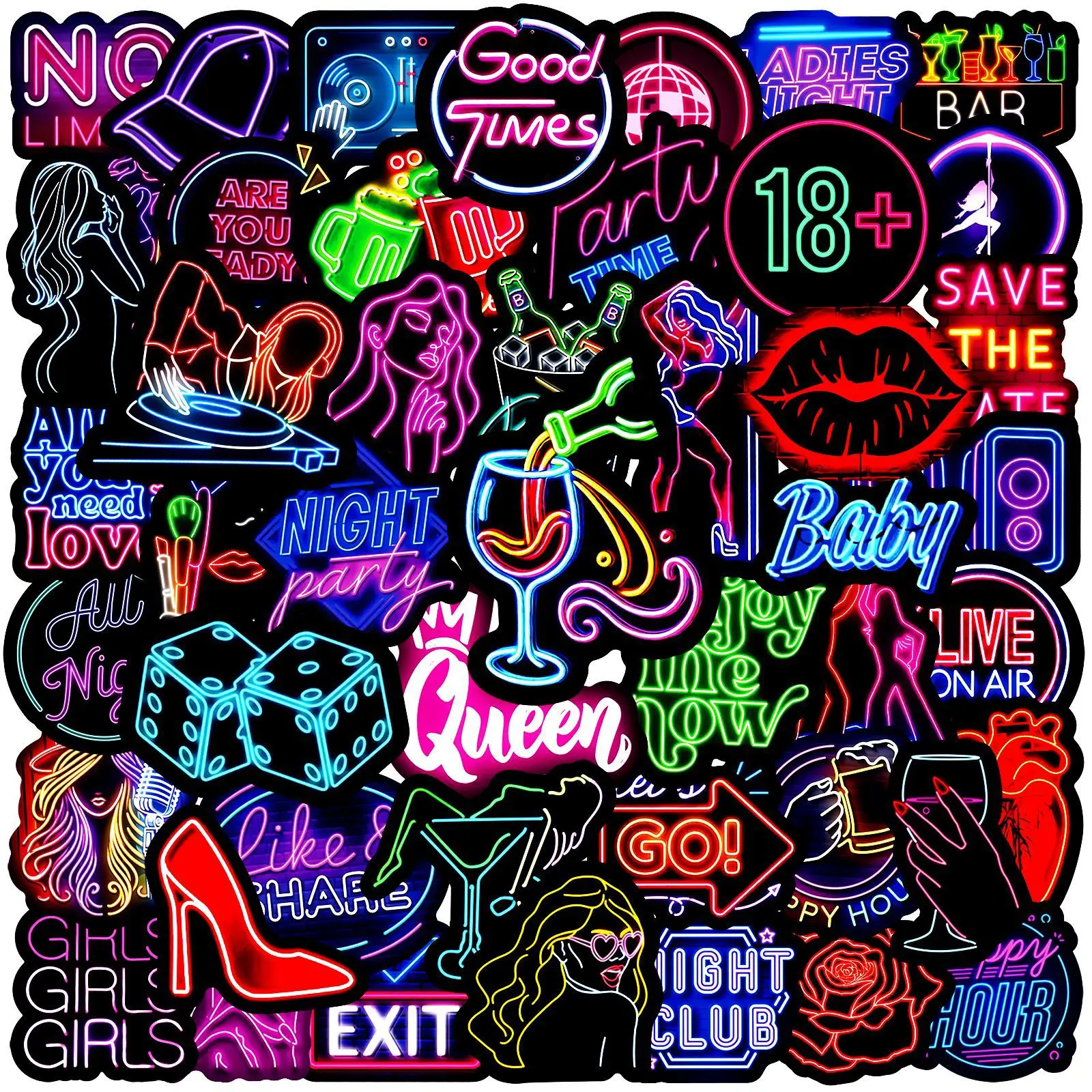 

50Pcs Neon Light Nightclub Stickers - Waterproof Decor Aesthetic DIY Korean Stationery Decoration School Supplies Toy