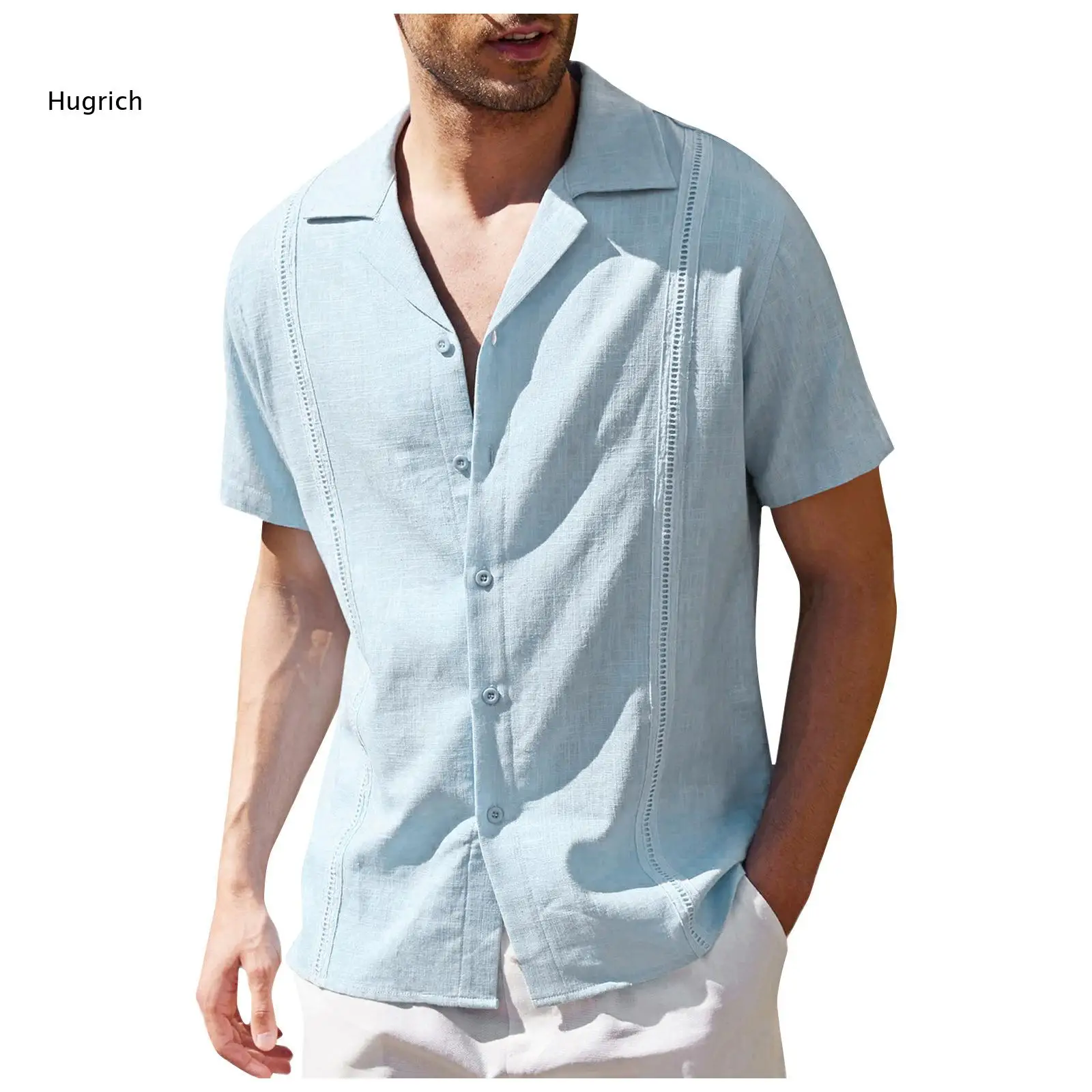 Men Cuban Collar Guayabera Shirt Short Sleeve Button Down Blue Linen Blend Embroidered Pleats Summer Casual Beach Shirts