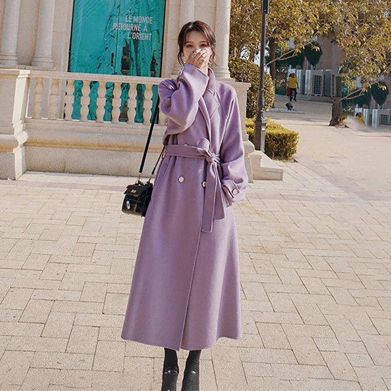 

2023 Autumn Winter New Women's High End And Elegant British Style Loose Fit Purple Mid Length Over Knee Thickened Wool Coat