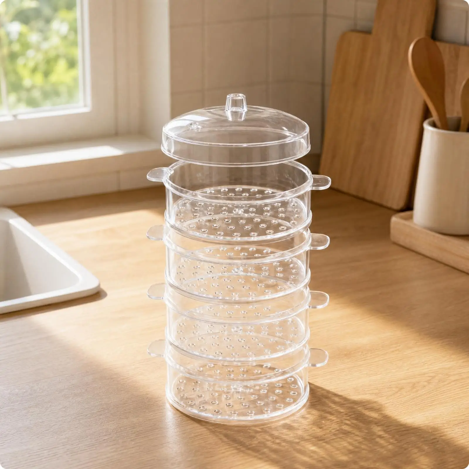 See Through Steamer Insert Multi Layer Tray with Perforated Base and Side Handles for Home Kitchen Pot Cooking