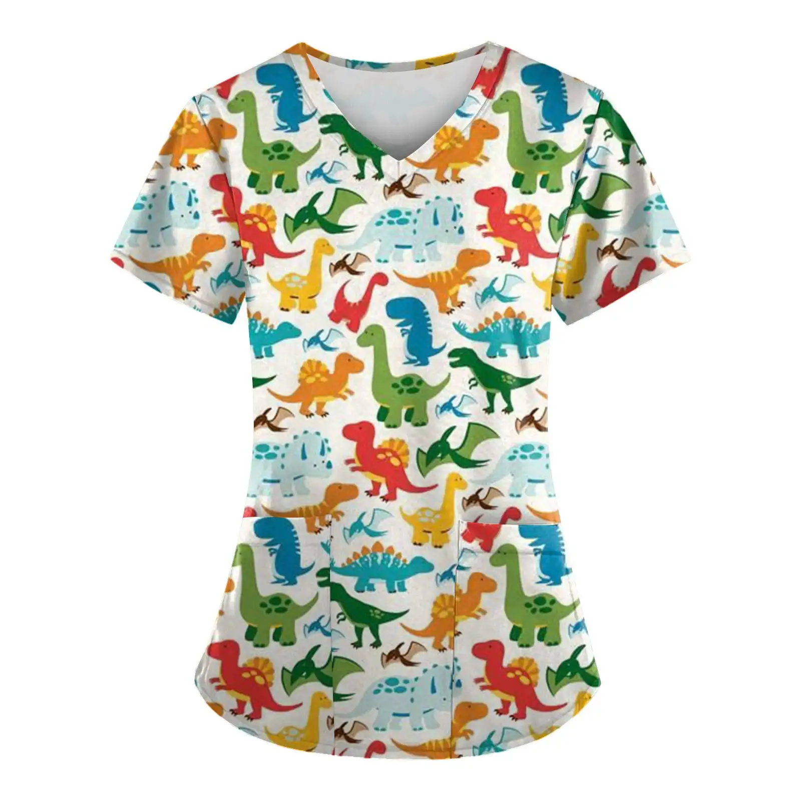 Chirurgische Uniformen Frau Dinosaurier Cartoon Print Gesundheitspflege Krankenschwester Tops V-Ausschnitt Micro-Stretch Kurzarm Klinische Uniform Frau – Detail 3