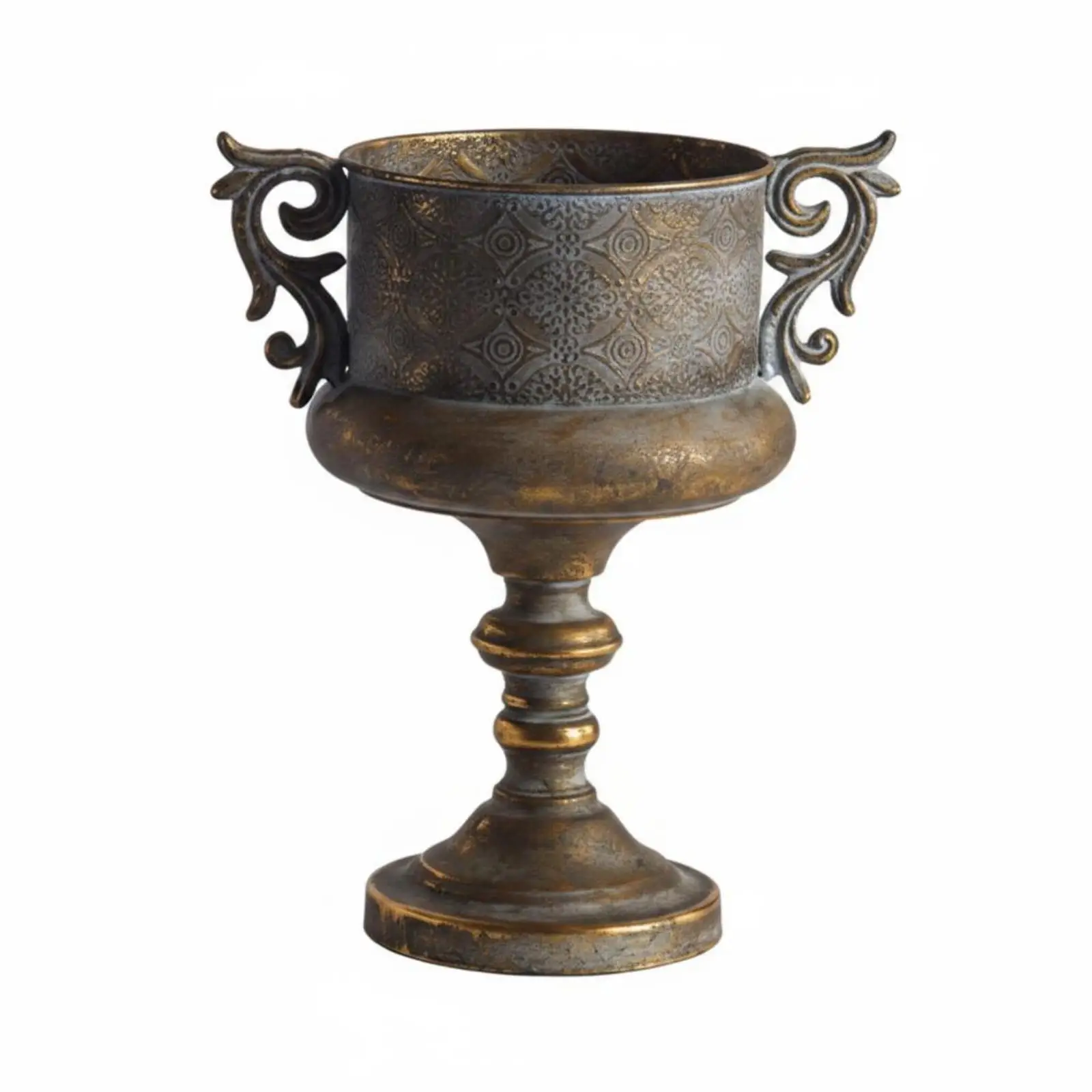 Retro Antique Iron Planter with Flared Pedestal Base Curled Side Handles Embossed Pattern Vintage Flower Holder for Home Garden