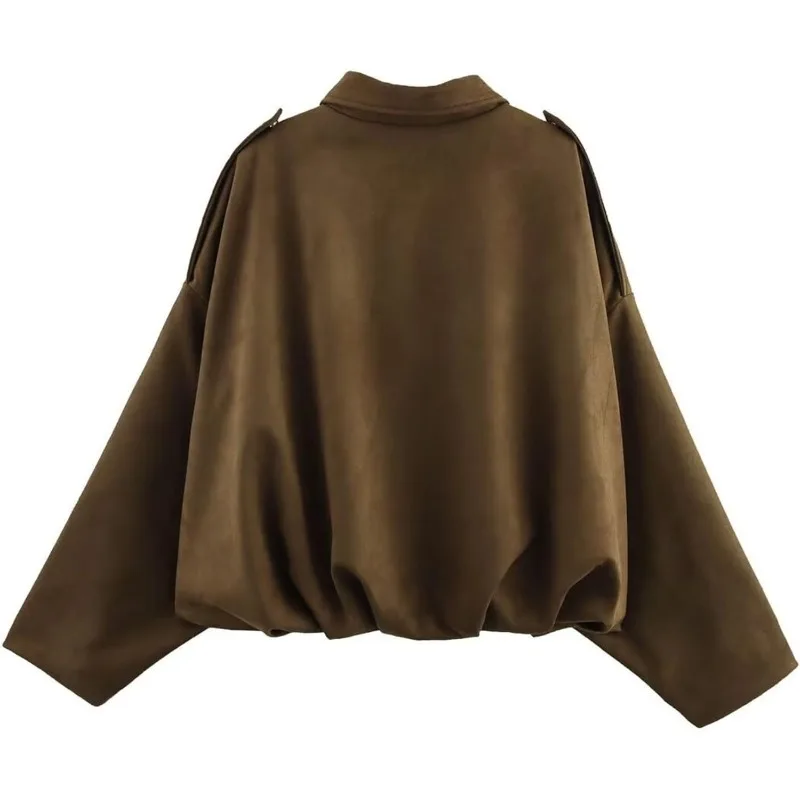 Женская зеленая куртка-бомбер из искусственной замши — весеннее пальто-пилот с лацканами — повседневная одежда оверсайз с длинными рукавами — модная уличная верхняя одежда S