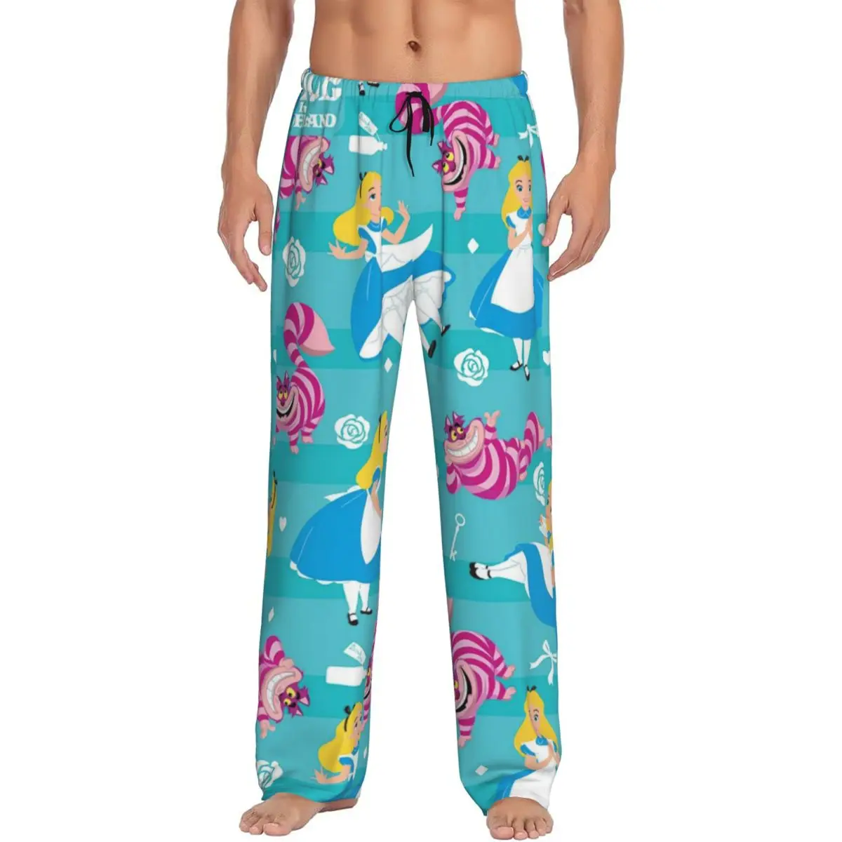 

Custom Alice In Wonderland Cheshire Cat Pajama Pants Sleepwear Men Elastic Waistband Sleep Lounge Bottoms with Pockets