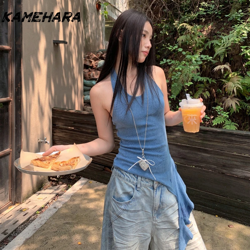 

KAMEHARA American Retro Spicy Girl Style Design Ribbon Hanging Neck Summer Fashion 2000s Irregular Knitted Vests Y2k Solid Tops