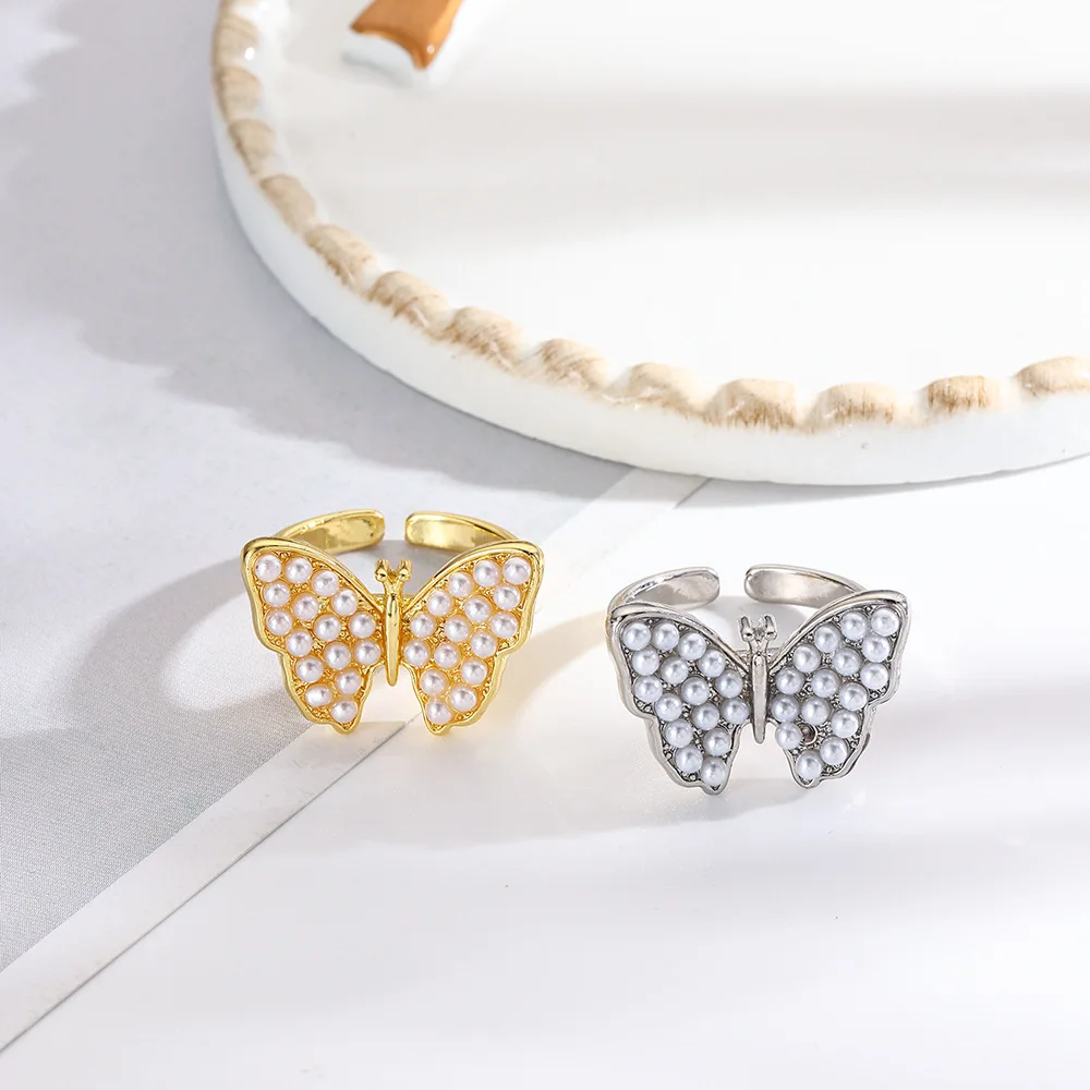 

2 retro personalized copper imitation pearl butterfly open ring stylish simple couple birthday party gift