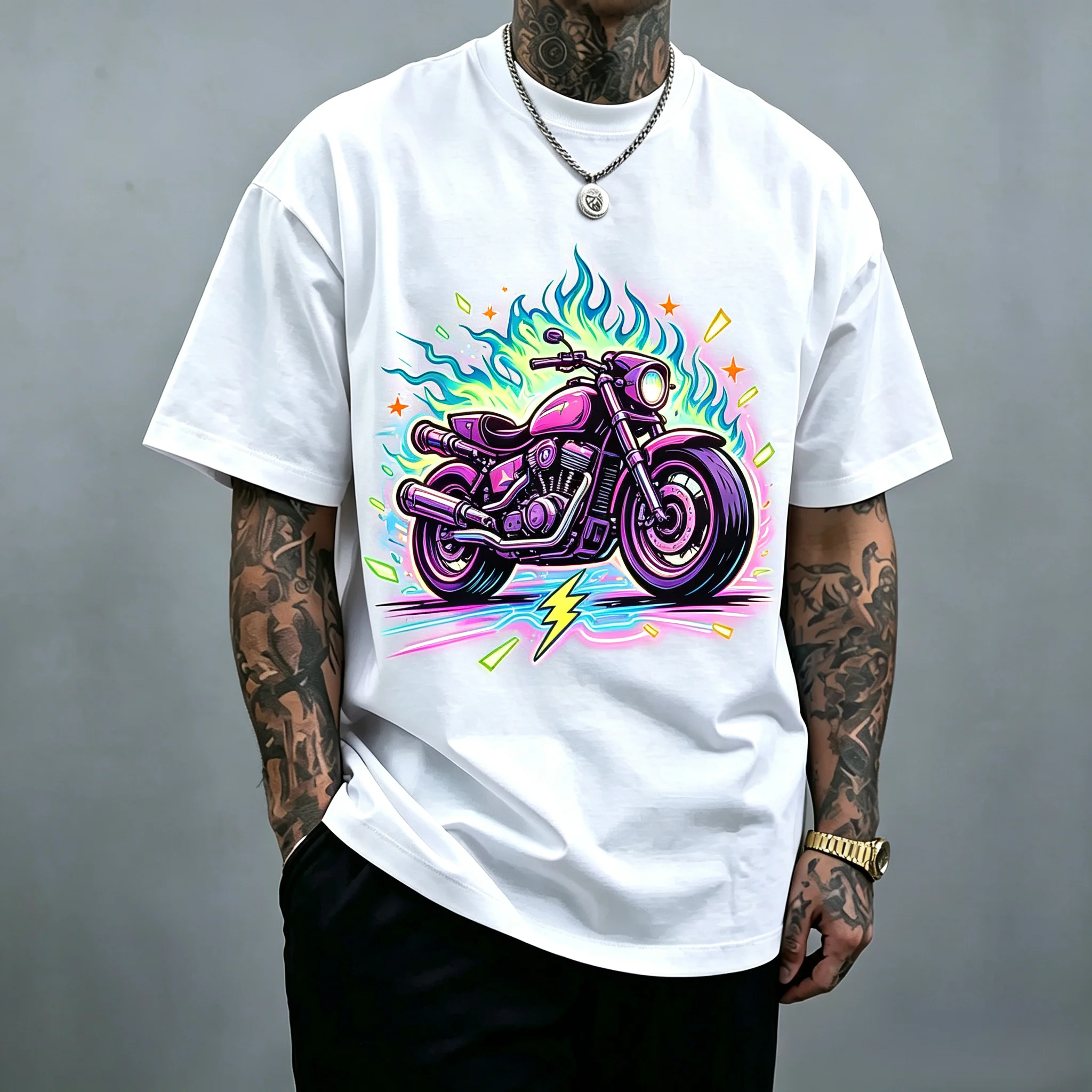 Neon Pink Purple Motorcycle Lightning Flame Graphic T Shirt Unisex Men Women Oversized Front Print Retro Cruiser Motorbike Streetwear Casual Tops