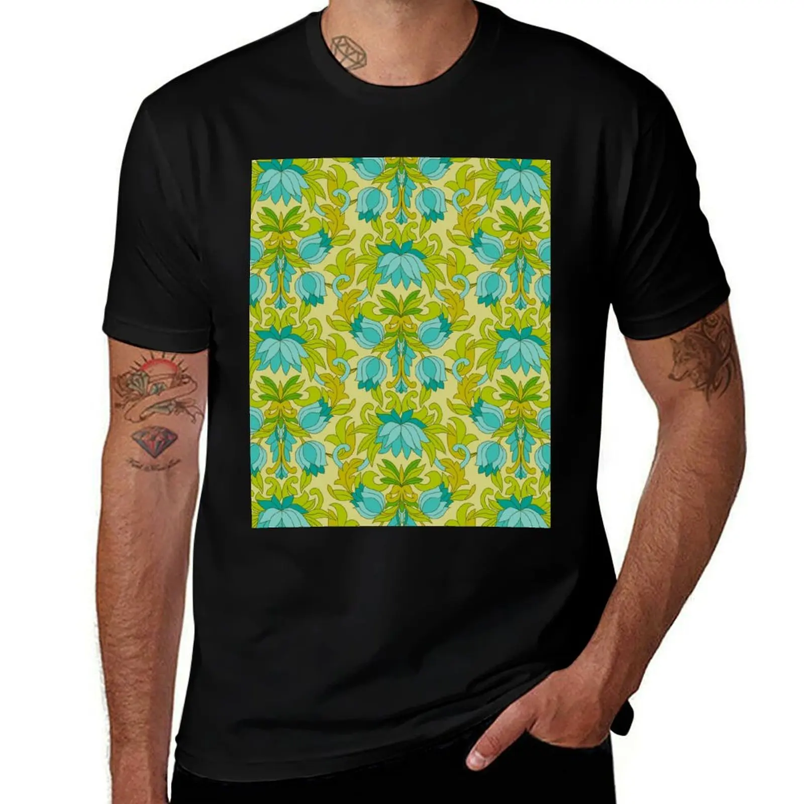 Turquoise and Green Leaves 1960s Retro Vintage Pattern T-Shirt Novelty Print Casual Tee Shirt T-Shirt