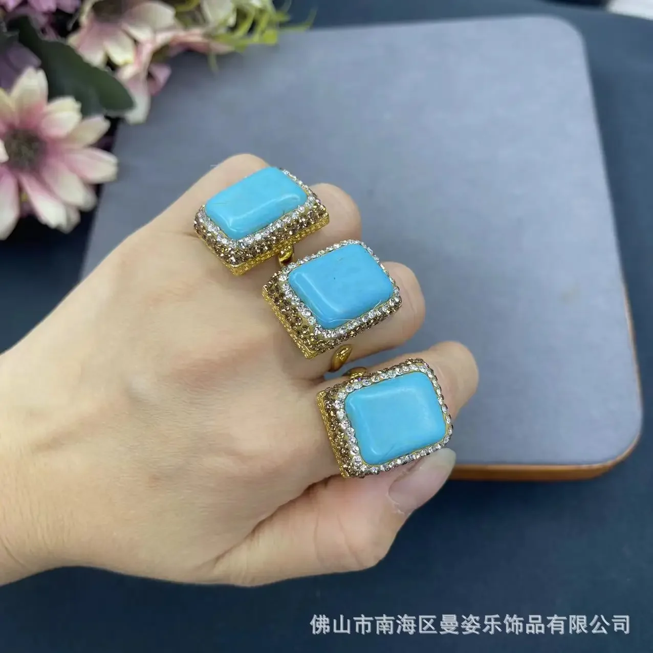 Turquoise clay inlaid with handmade point diamonds, adjustable ring, new Chinese live broadcast hot-selling niche jewelry