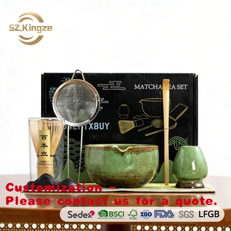 custom.Kingze 7PCS Box Professional Matcha Kit Luxury Japanese Chawan Matcha Whisk Set with Ceramic Matcha Bowl