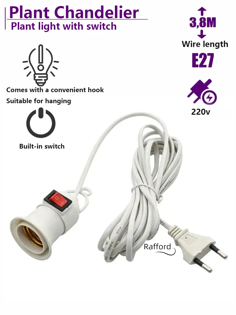 

Rafford Bulb Holder 3.8M EU Bulb Socket Adapter Hanging Pendant Lamp Plug Holder E27 Screw for Bedroom Lighting Plant Grow Light