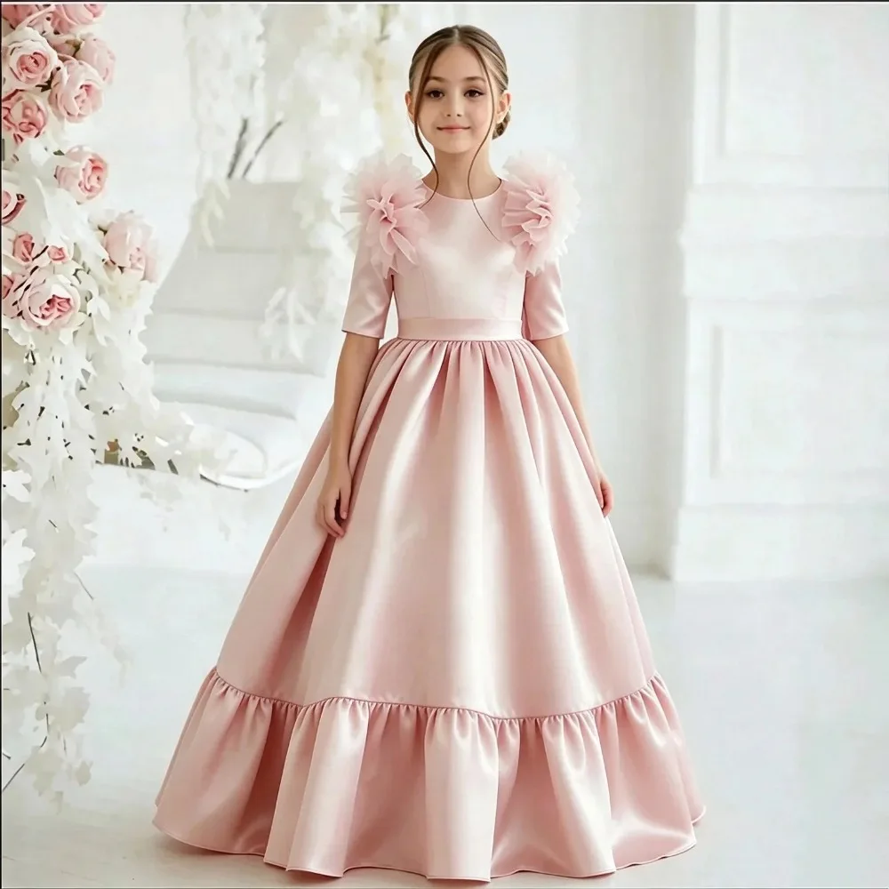 Custom Dusty Pink Satin Flower Girl Dress 3D Floral Shoulder Half Sleeve Ruffle Hem Long Gown Wedding Party Bridesmaid