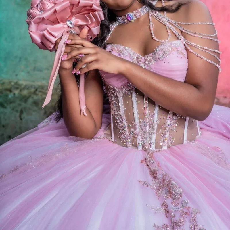 

Pink Quinceanera Dress off-shoulder Sequins Flower Crystal Decal Long tail Big Bow vestidos de 15 Quinceanera ﻿Customize