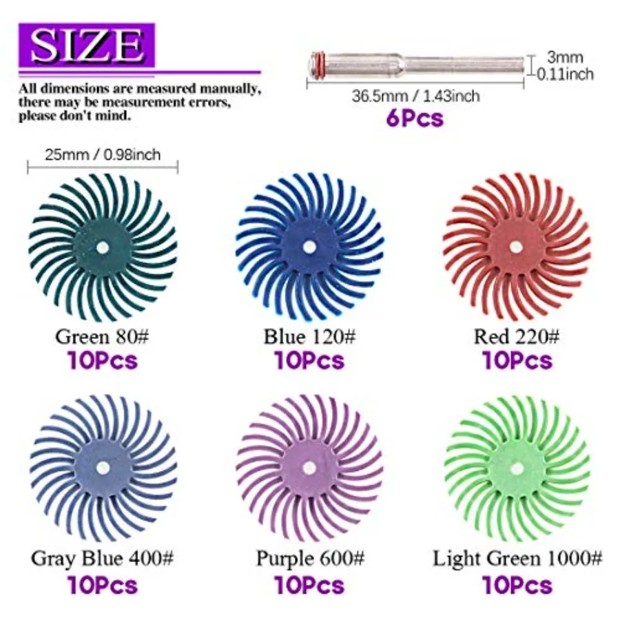 66Pcs 1 Inch 6 Mixed Grit 80/120/220/400/600/1000 Radial Bristle Disc Abrasive Brush Gap Polishing Pad Buffing Wheel Assortment