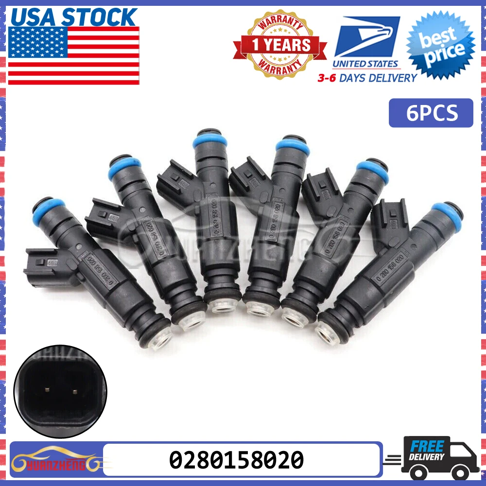 0280158020 Pack 6x Fuel Injectors Nozzle For Dodge Dakota Nitro Durango RAM 1500 Mitsubishi Raider Jeep Liberty Commander 3.7L