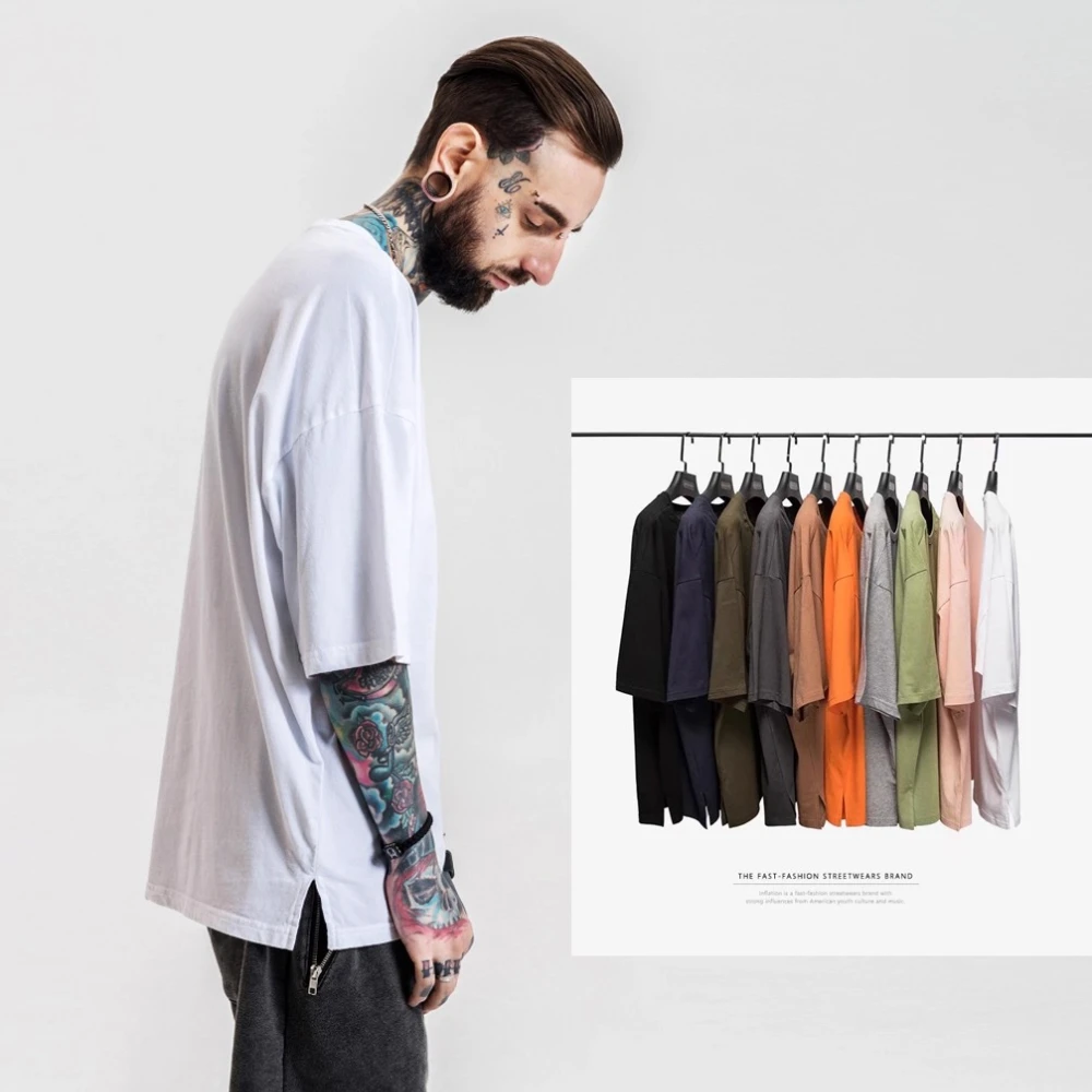High Street Men's Five-quarter Sleeve Short Sleeve T-Shirt High Street Hip Hop Loose Pure White Split Sleeve