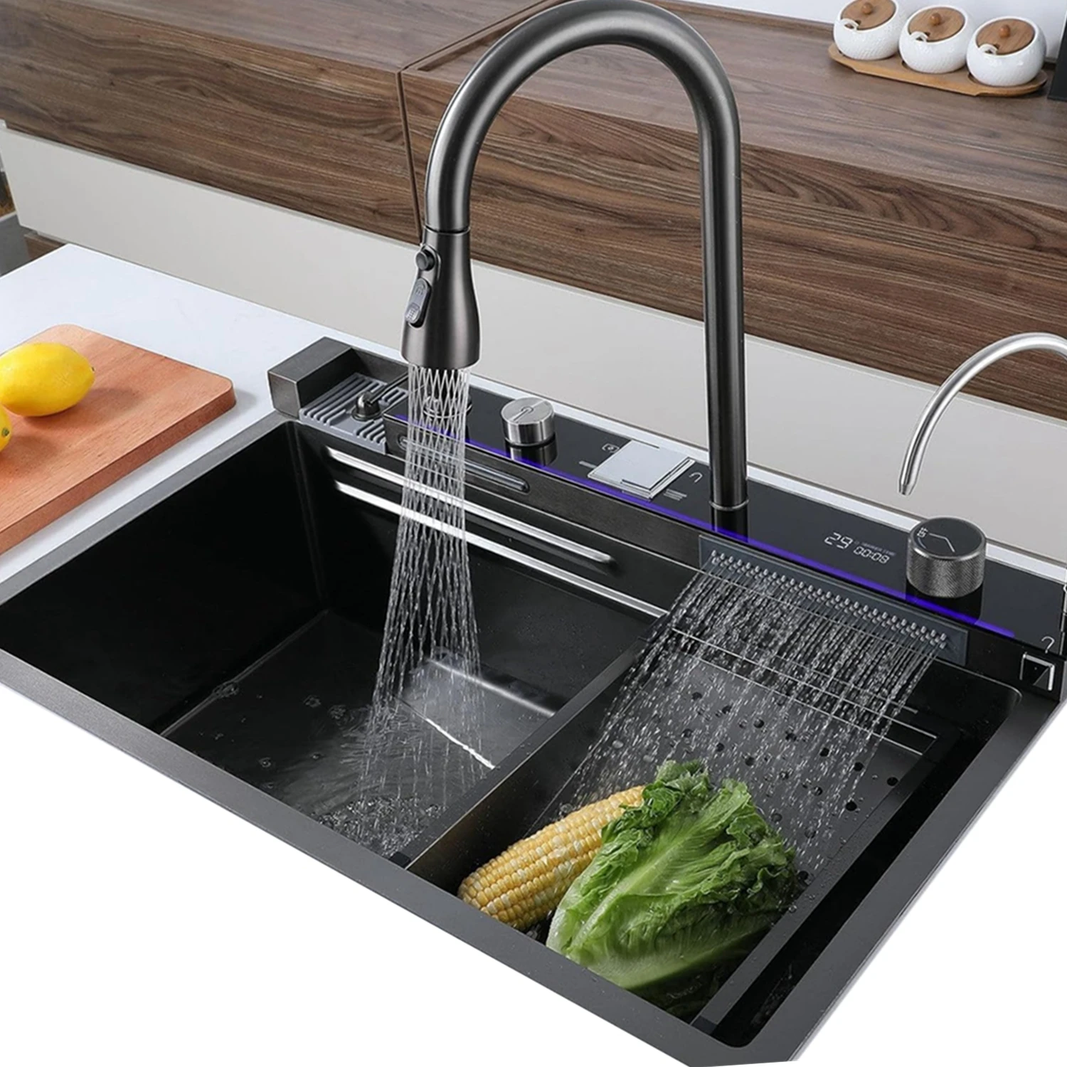 

29.5 Inch Digital Display Embossed Nano Black Raindance Waterfall Sink with Pressurized Cup Washer and Waterfalls Smart Digital