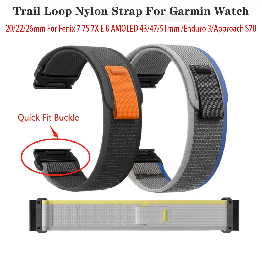 Quickfit 20 22 26 mm Trail Loop Strap For Garmin Watch Fenix 5 6 6S 7 Pro 7S 7X 8 AMOLED 43 47 51 Enduro 1 2 3 Approach S70 Band