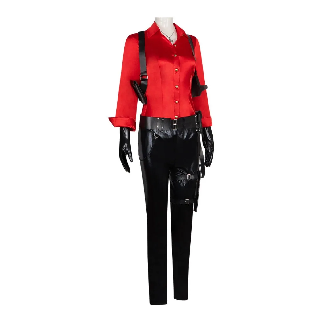 Women's Game Style Spy Costume Red Satin Shirt Black Leather Pants with Tactical Harness Gloves Necklace Full Set